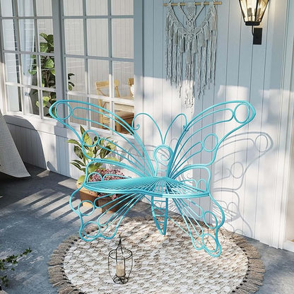 Pink Butterfly Benches Outdoors, Pretty Garden Bench & Cute Metal Outside Bench, Front Porch Benches Outdoor with Sturdy Frame for Lawn Yard Balcony (Blue)