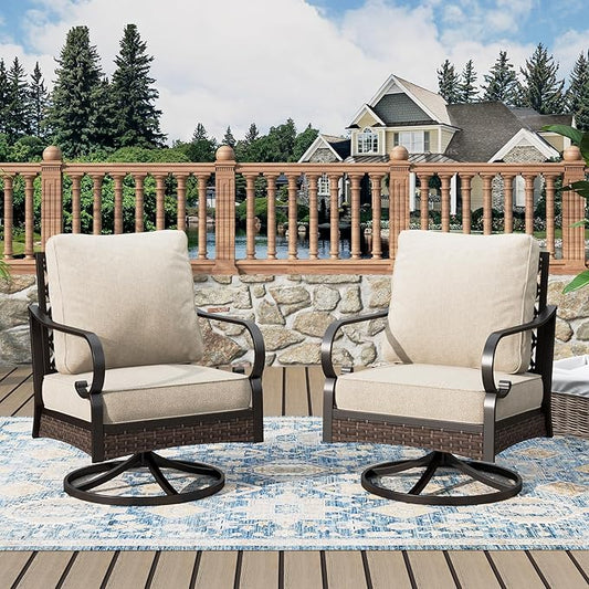 Patio Swivel Chairs Set of 2, Outdoor Sofa Chairs with Deep Seating and 5.75" Cushions, Steel Frame Porch Furniture for Lawn Backyard Deck, Beige