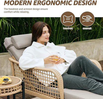 NATURAL EXPRESSIONS Aluminum Outdoor Chaise Lounge Chairs, Wicker Patio Lounge Chair Set of 2 with Side Table, 5-Position Recliner with Headrest Cushion for Yard, Pool (Shale)