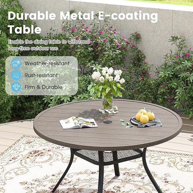 Patio Dining Table for 4-6, Round Metal Outdoor Table with 1.57" Umbrella Hole, 47" Outdoor Slat Tabletop Dining Table for Backyard, Porch, Lawn, Grey