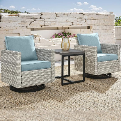 Outdoor Patio Swivel Rocker Chairs - 3 Piece Wicker Patio Furniture Bistro Swivel Rocking Chairs Set with Comfortable Cushions,Sturdy Metal Frame and Side Table for Porch Deck(Light Grey/Sky Blue)