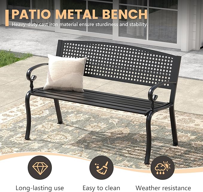Outdoor Bench, 50.4" Patio Metal Frame Garden Bench with Backrest and Curved Armrests for Lawn Backyard, Black - Photo 4