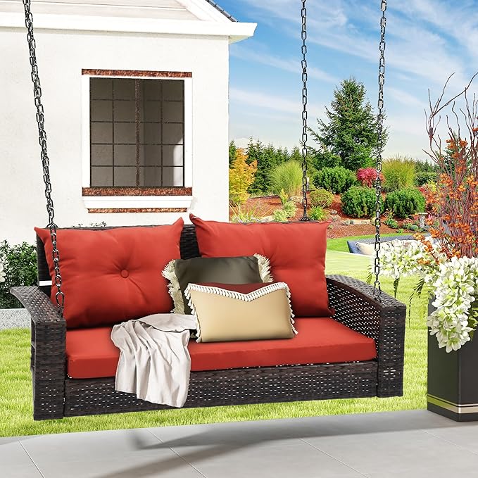 DWVO Hanging Porch Swing Chair Outdoor Wicker Rattan Patio Swing Lounge 2 Seats Cushions Capacity 530lbs for Balcony - Photo 1