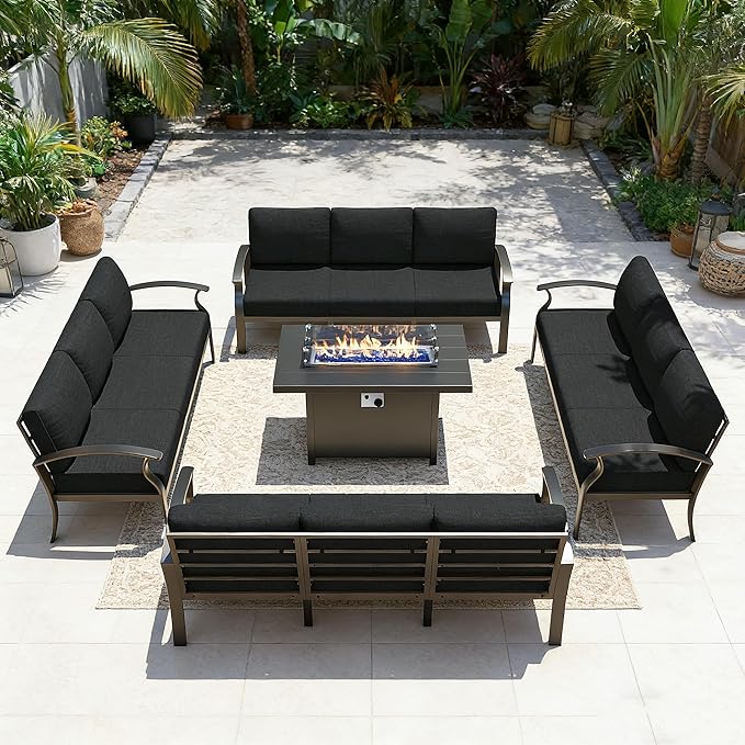Gotland Aluminum Patio Furniture Set with Fire Pit Table, Metal Patio Furniture with 12 Seats Waterproof 5.1'' Seat Cushions, Oversized Outdoor Sectional Conversation Sets for Balcony Porch Black