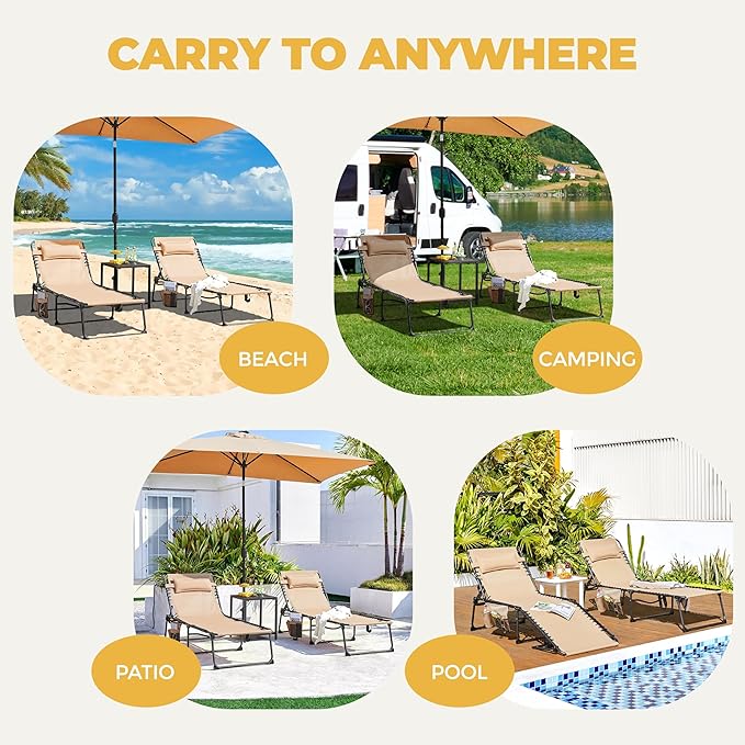 Yaheetech 26.4" Outdoor Folding Tanning Chair, Chaise Lounge Chairs with 5 Back Position Adjustable, Extended Portable Lounger for Beach, Patio, Beige
