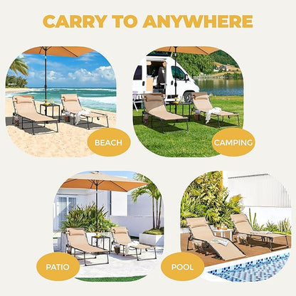 Yaheetech 26.4" Outdoor Folding Tanning Chair, Chaise Lounge Chairs with 5 Back Position Adjustable, Extended Portable Lounger for Beach, Patio, Beige