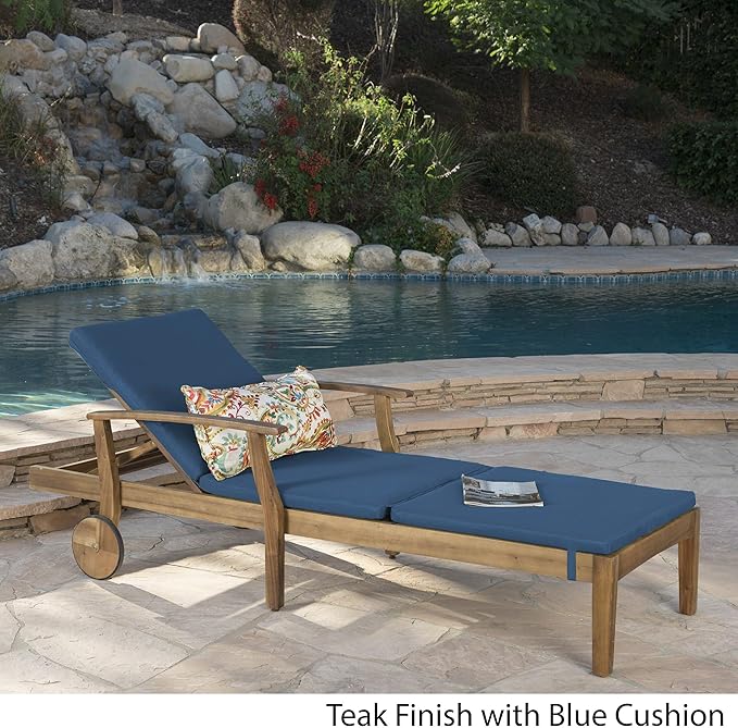 Christopher Knight Home Perla Outdoor Chaise Lounge with Water Resistant Cushion, Teak Finish / Blue - Photo 2