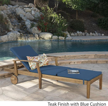 Christopher Knight Home Perla Outdoor Chaise Lounge with Water Resistant Cushion, Teak Finish / Blue