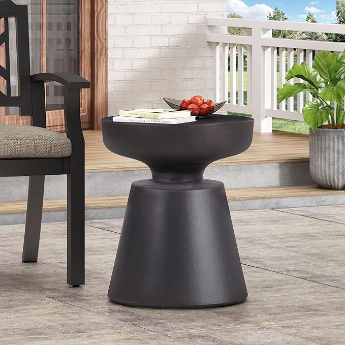 Outdoor Concrete Side Table Faux Stone End Table, Round Outdoor Accent Tables, Garden Stool Plant Stand for Porch, Backyard Patio Black