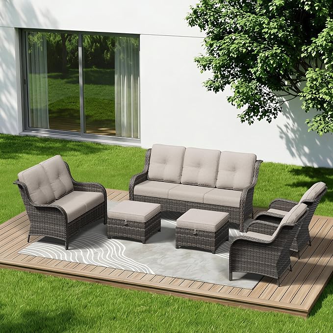 6 Piece Outdoor Wicker Patio Furniture Set, Patio Chairs Set with Thickened Olefin Cushions, High Back and Deep Seating - Photo 1