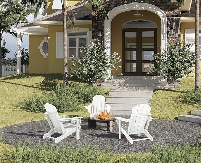 Folding Adirondack Chairs - Plastic Adirondack Chairs with Cup Holder, Weather Resistant for Outdoor, Patio, Lawn, Garden, Backyard Deck, Fire Pit - White
