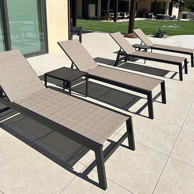 PURPLE LEAF Outdoor Chaise Lounge Chair Set of 2, Patio Pool Textilene Loungers with Adjustable Backrest and Wheels, Includes Side Table for Deck, Lawn, Garden, Light Tan