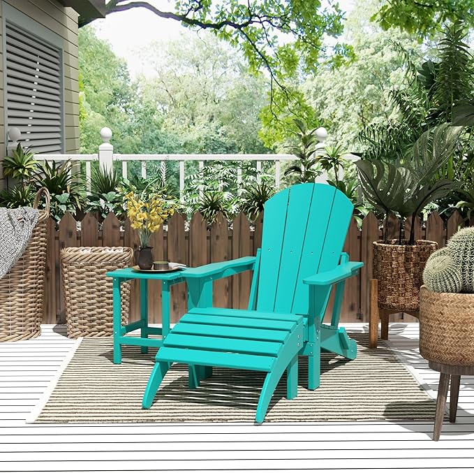 WestinTrends Malibu Outdoor Lounge Chairs, 3-Pieces Adirondack Chair Set with Ottoman and Side Table, All Weather Poly Lumber Patio Lawn Folding Chair for Outside Pool Garden Backyard, Turquoise