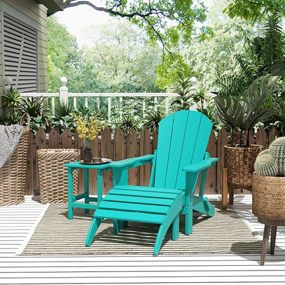 WestinTrends Malibu Outdoor Lounge Chairs, 3-Pieces Adirondack Chair Set with Ottoman and Side Table, All Weather Poly Lumber Patio Lawn Folding Chair for Outside Pool Garden Backyard, Turquoise