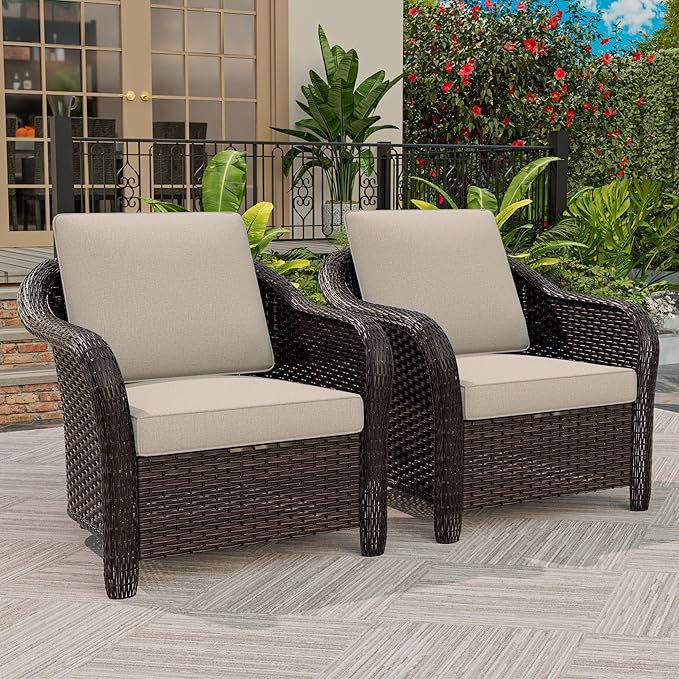Outdoor Wicker Chair Set of 2, All-Weather Use Patio Rattan Chair with Seat and Back Cushion, Ideal for Porch, Backyard - Photo 2