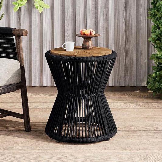 Christopher Knight Home Nara 18.9" Acacia Wood Outdoor Side Table, Hourglass Shaped with Metal Frame+Woven Rope, Outdoor Coffee Table, Garden Plant Stand Indoor, No Assembly Needed, Black+Teak