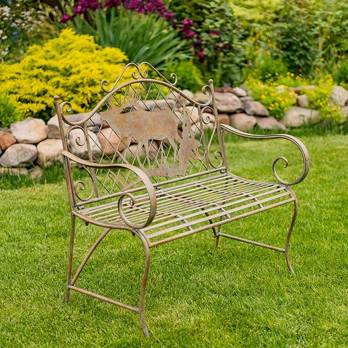 Classic Iron Garden Bench with Nature Scenery (Moose & Evergreen Backrest in Green)