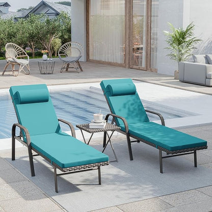 3 Pieces Patio Chaise Lounge Set Outdoor PE Rattan Armrest Lounge Chair Adjustable Backrest Reclining Chair with Folding Table and Cushion for Patio Poolside Backyard Porch Beach(Blue)