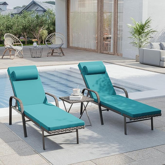 3 Pieces Patio Chaise Lounge Set Outdoor PE Rattan Armrest Lounge Chair Adjustable Backrest Reclining Chair with Folding Table and Cushion for Patio Poolside Backyard Porch Beach(Blue)