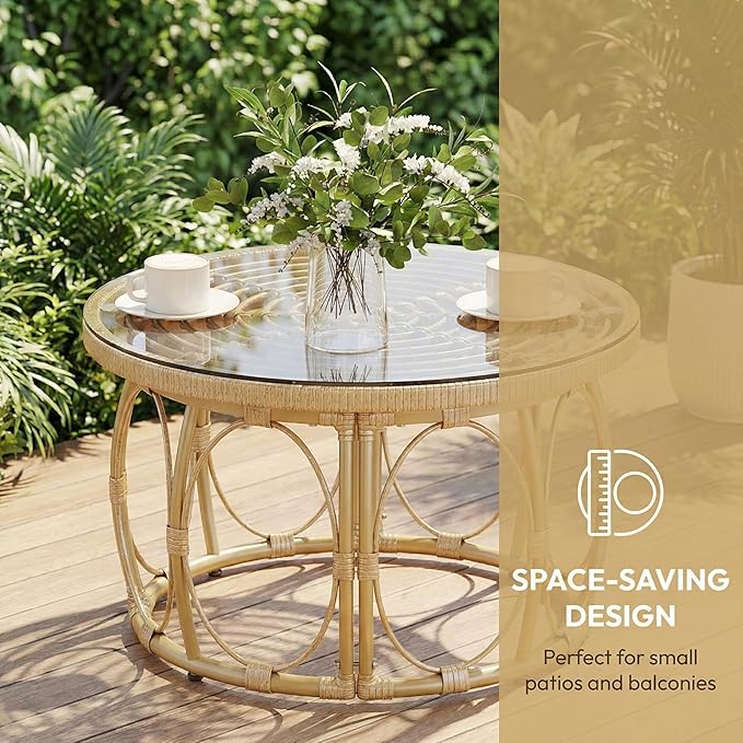 Rattan Glass Coffee Table 27" Round Patio Side Table, 16" Height Wicker Outdoor Coffee Table with Tempered Glass Top, Small Round Table for Balcony, Living Room, or Garden, Natural