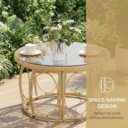 Rattan Glass Coffee Table 27" Round Patio Side Table, 16" Height Wicker Outdoor Coffee Table with Tempered Glass Top, Small Round Table for Balcony, Living Room, or Garden, Natural