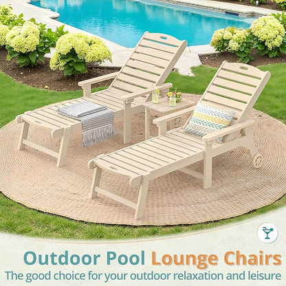 LUE BONA Outdoor Lounge Chair Set with Table, 3-Piece, HDPS Chaise Lounge Outdoor with Wheels, 5 Positions Adjustable Pool Lounger Chairs for Outside, Patio, Sand