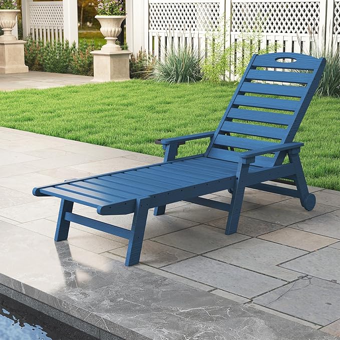 Domi Patio Lounge Chair Outdoor, HDPE Outdoor Chaise Lounge with Reclining Backrest, Pool Lounger Chair for Outside, Poolside, Sunbathing Tanning, Blue