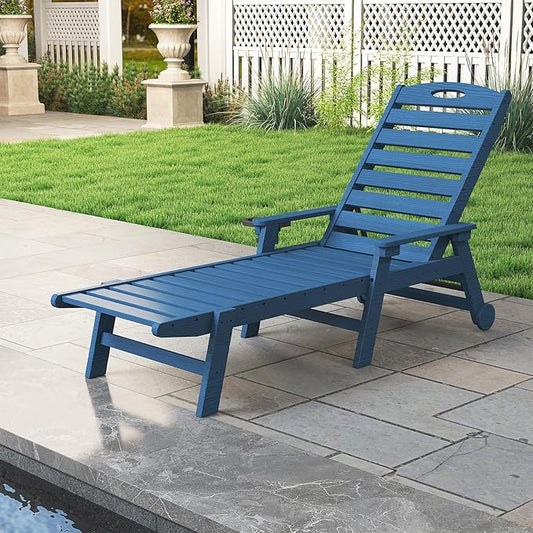 Domi Patio Lounge Chair Outdoor, HDPE Outdoor Chaise Lounge with Reclining Backrest, Pool Lounger Chair for Outside, Poolside, Sunbathing Tanning, Blue