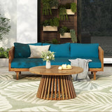 Merax Outdoor Acacia Wood Conversation Set, 3-Seat Loveseat Sofa w/Coushion and Round Coffee Table for Backyard - Photo 1