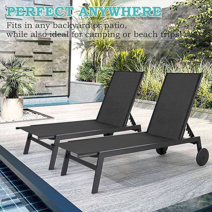 EROMMY Patio Chaise Lounge Chair Set of 2 with Table, Adjustable Backrest & Wheels, Waterproof Outdoor Poolside Recliners for Garden, Deck, Lawn, Backyard