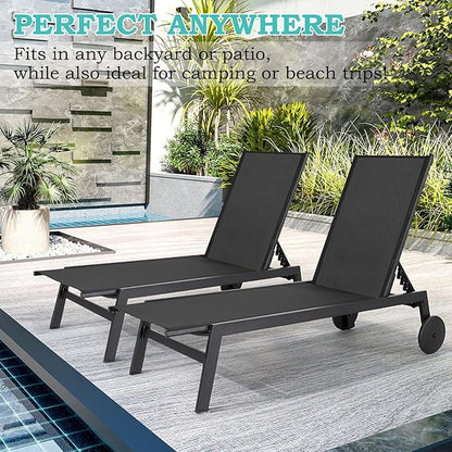 EROMMY Patio Chaise Lounge Chair Set of 2 with Table, Adjustable Backrest & Wheels, Waterproof Outdoor Poolside Recliners for Garden, Deck, Lawn, Backyard