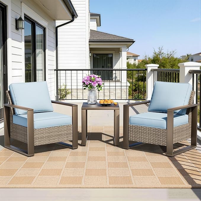 Outdoor Wicker Metal Chairs Set of 2 with Matching Side Table - 3 Pieces Patio Bistro Set with Removable Olefin Fabric - Photo 9
