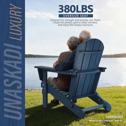 Outdoor Folding Adirondack Chair Set of 4 for Patio Fire Pit, Wooden Textured HDPE Adjustable Chairs with Cup Holder, Waterproof All Weather Resistant Plastic for Pool Lawn Garden Backyard(NavyBlue)