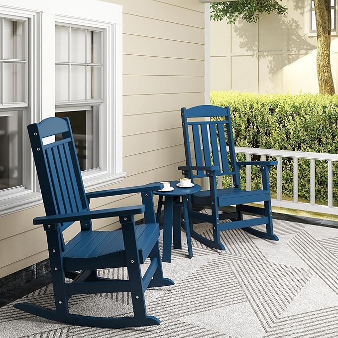 Outdoor Rocking Chairs Set of 2, Oversized High Back Patio Rocking Chairs, All Weather Porch Rocking Chairs for Outside. Navy Blue