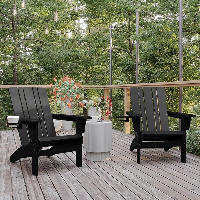 Flash Furniture Halifax Adirondack Chairs with Cup Holders, Weather Resistant Poly Resin Adirondack Chairs, Set of 2, Black
