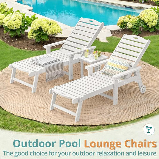 LUE BONA Lounge Chair Outdoor with Table, 2-Piece, HDPS Chaise Lounge Outdoor with Wheels, 5 Positions Adjustable Pool Lounger Chairs for Outside, Patio, White