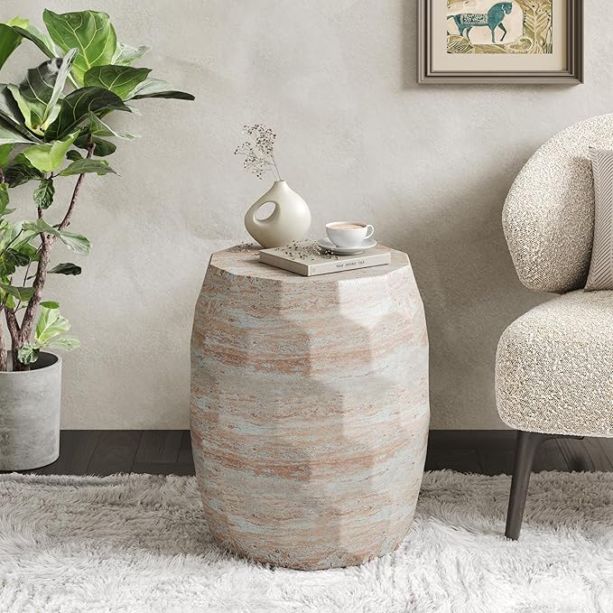 Christopher Knight Home Jaym 18.25" H Indoor Outdoor Accent Side Table, Patio Decorative End Table, Polygon Lightweight Concrete Garden Stool for Patio Balcony & Garden Decor, Travertine