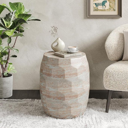 Christopher Knight Home Jaym 18.25" H Indoor Outdoor Accent Side Table, Patio Decorative End Table, Polygon Lightweight Concrete Garden Stool for Patio Balcony & Garden Decor, Travertine