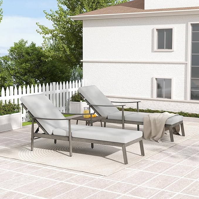 HAPPATIO Outdoor Chaise Lounge Set of 3, Aluminum Pool Chair with Adjustable Backrest and Cushion, Curved Armrest, Outdoor Lounge Chairs with Side Table for Beach, Yard, Poolside (Grey)