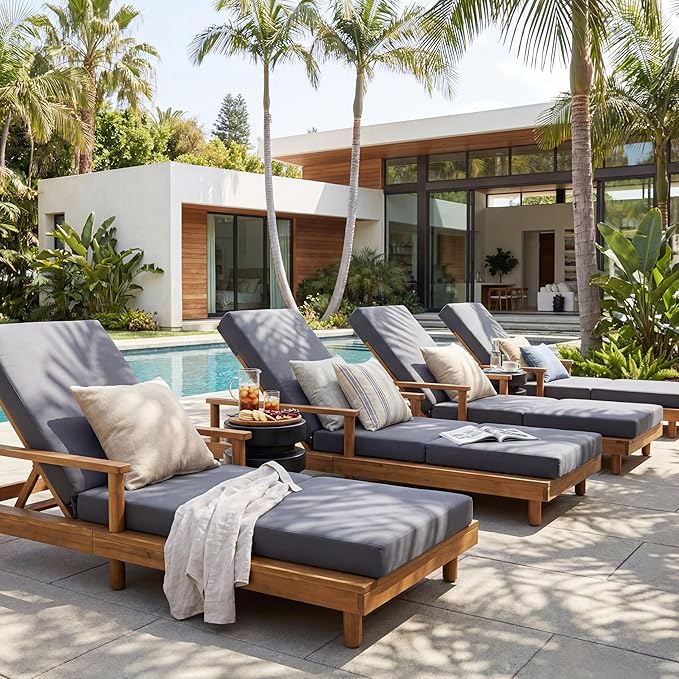 Merax Acacia Wood Outdoor Chaise Lounge Chair Set of 4, Thick 4-Fold Cushion & Headrest, 3-Position Adjustable Backrest - Photo 1