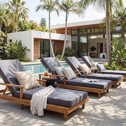 Merax Acacia Wood Outdoor Chaise Lounge Chair Set of 4, Thick 4-Fold Cushion & Headrest, 3-Position Adjustable Backrest, Modern 76.8" L Large Patio Pool Sun Lounger for Garden Beach Yard, Dark-Grey