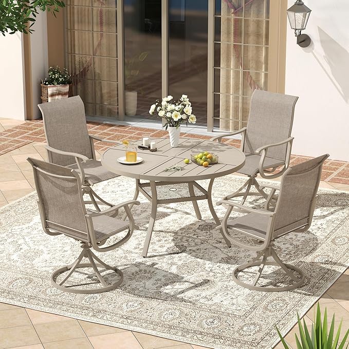 VICLLAX 40.6" Round Patio Dining Table for 4, All Weather Metal Outdoor Table with 1.57" Umbrella Hole and Storage Shelf for Garden Lawn Deck, Sandshell