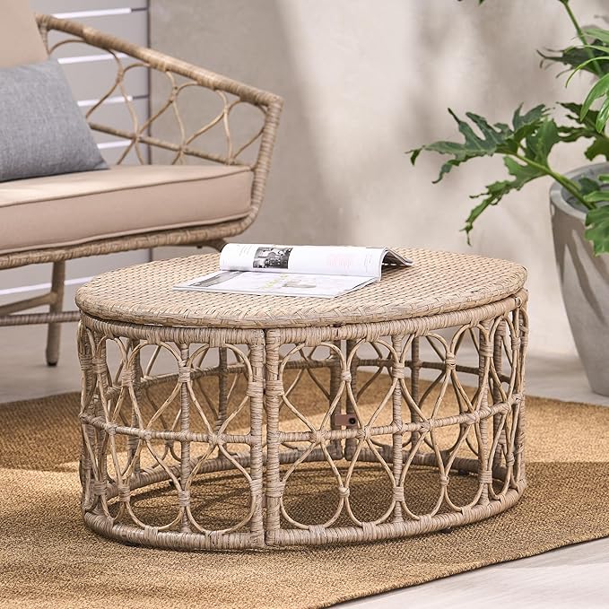 Boho Round Coffee Table - Circular Rattan Patio Coffee Tables, All-Weather and Rust Resistant, Bohemian Design Outdoor Furniture for Patio, Poolside, Garden, Yard, Backyard, Balcony