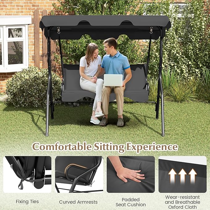 RELAX4LIFE 3-Person Porch Swing Chair - Outdoor Swing w/Adjustable Canopy, Removable Cushion & Metal Frame Stand - Photo 6