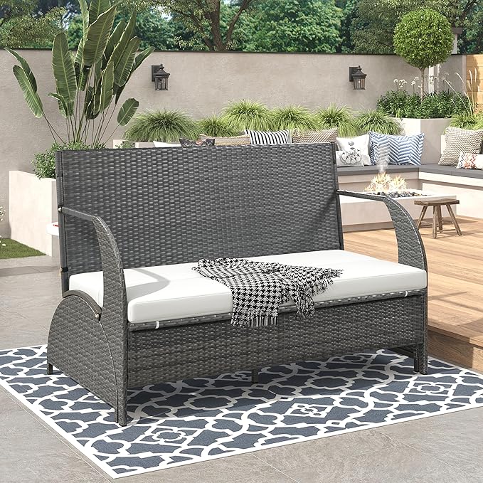 2-in-1 Convertible Picnic Upholstered Bench,57.1" Outdoor Loveseat,Portable Picnic Table Couch,Convertible to 4 Seats&1 Table,for Garden,Lawn,Backyard,Porch,Patio, Beige