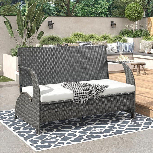 2-in-1 Convertible Picnic Upholstered Bench,57.1" Outdoor Loveseat,Portable Picnic Table Couch,Convertible to 4 Seats&1 Table,for Garden,Lawn,Backyard,Porch,Patio, Beige