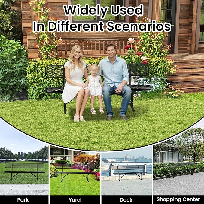 8 FT Heavy Duty Metal Park Bench for Outside, Black Bench with Backrest,4-6 Person Seat, Outdoor Commercial Metal Mesh Benches for Shopping Mall, Lawn, Park, Deck, Garden, Patio, Porch