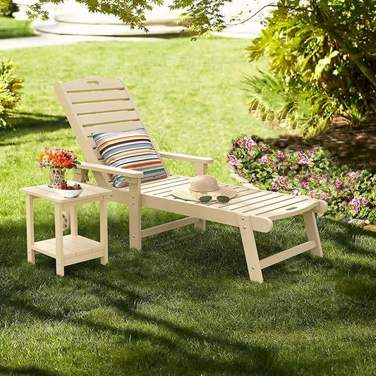 LUE BONA Lounge Chair Outdoor with Table, 2-Piece, HDPS Chaise Lounge Outdoor with Wheels, 5 Positions Adjustable Pool Lounger Chairs for Outside, Patio, Sand