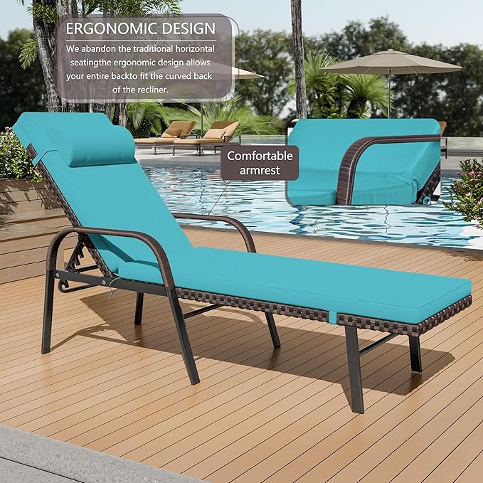 Patio Chaise Lounge Set 3 Pieces Outdoor Lounge Chair with Rattan Adjustable Backrest Armrest and Folding Table for Beach Patio,Sand, for Poolside Backyard Porch