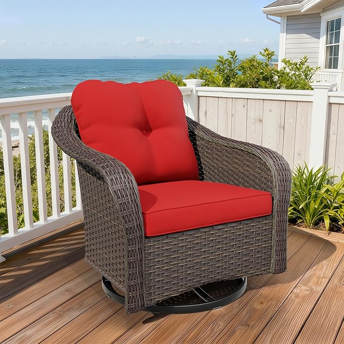 Outdoor Brown Wicker Swivel Rocking Chair - Red, 1PC, Alloy Steel Frame, 300 lbs Weight Capacity, Includes Water-Resistant Cushions